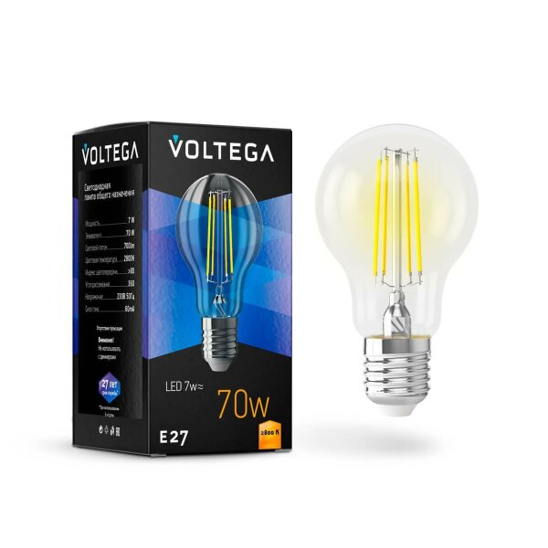 Лампа светодиодная Voltega E27 7W 2800K прозрачная VG10-A60E27warm7W-F 7140 — Дзинь ля-ля