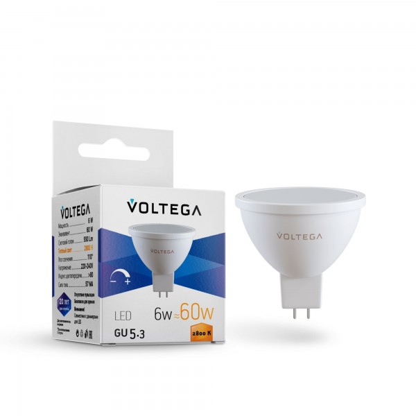 Лампа светодиодная диммируемая Voltega GU5.3 6W 2800K матовая  VG2-S1GU5.3warm6W-D 7170 — Дзинь ля-ля