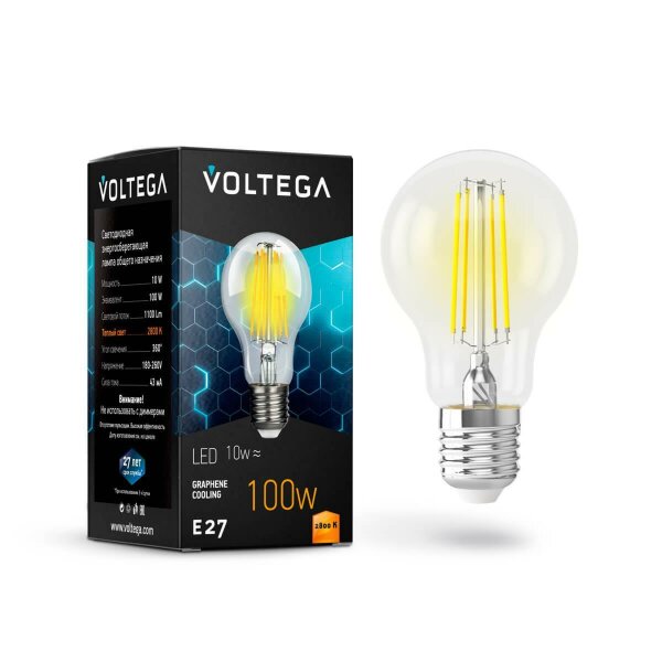 Лампа светодиодная филаментная Voltega E27 10W 2800К прозрачная VG10-А1E27warm10W-F 7102 — Дзинь ля-ля