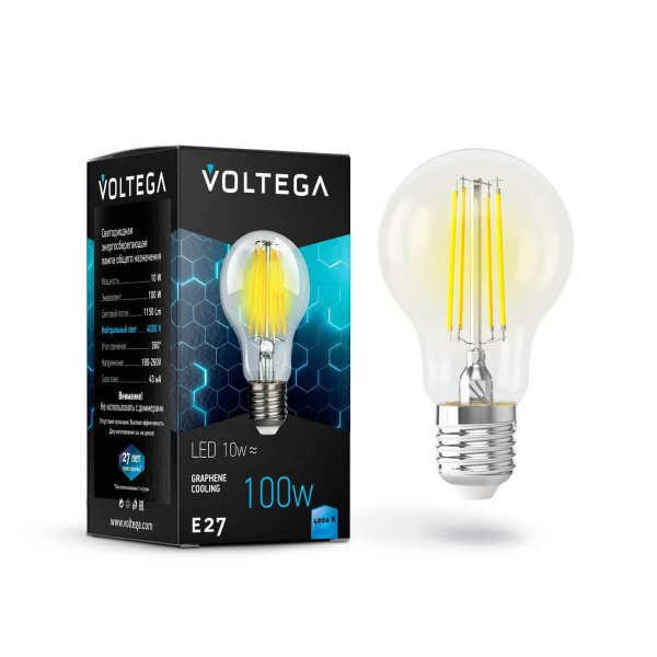 Лампа светодиодная филаментная Voltega E27 10W 4000К прозрачная VG10-А1E27cold10W-F 7101 — Дзинь ля-ля