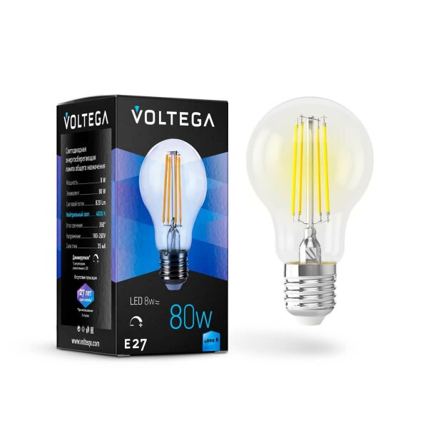 Лампа светодиодная филаментная диммируемая Voltega E27 8W 4000К прозрачная VG10-А1E27cold8W-FD 5490 — Дзинь ля-ля